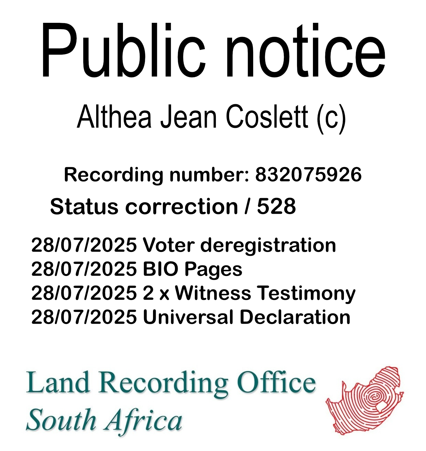 Public notice Althea Jean Coslett (c) Recording number 832075926